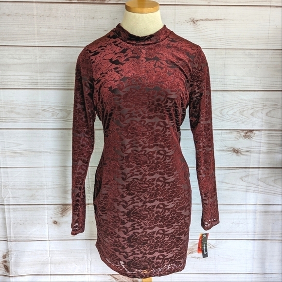 Speechless Velvet Mock Neck Mini Dress in Semi Sheer Red Floral Size Med NWT - Picture 1 of 10